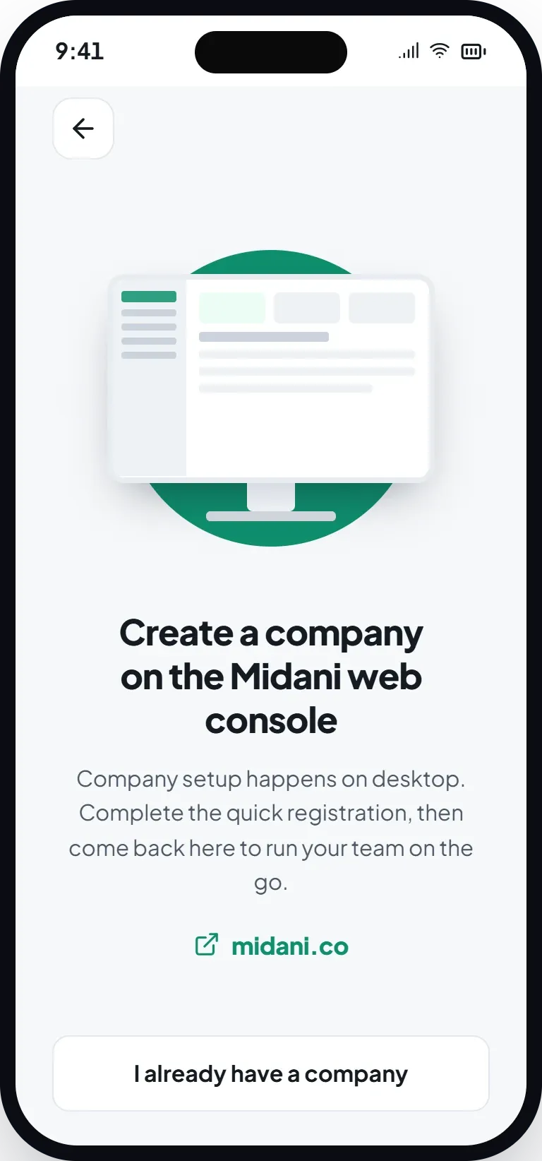 A Midani screen pointing company setup to the web console at midani.co.