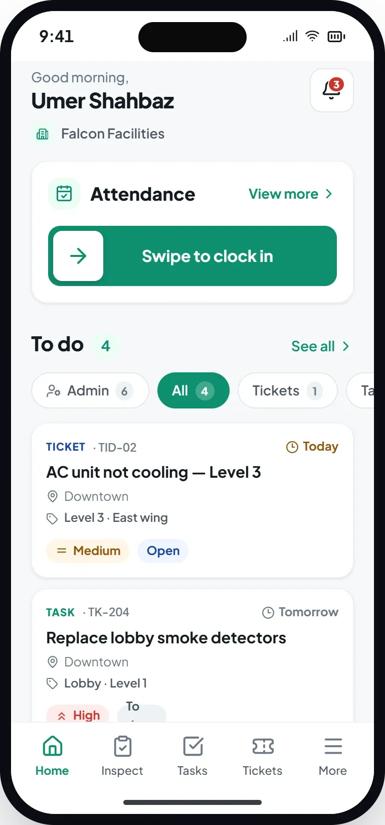 The Midani home screen: swipe to clock in, and today’s tickets and tasks.