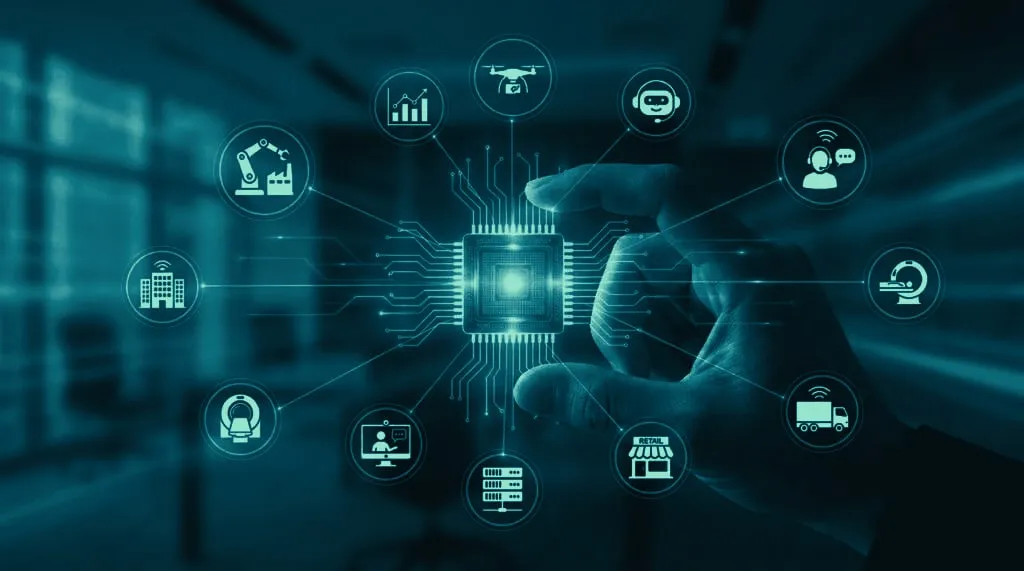 A hand holding a glowing AI chip, connected to icons for industries, devices and services.