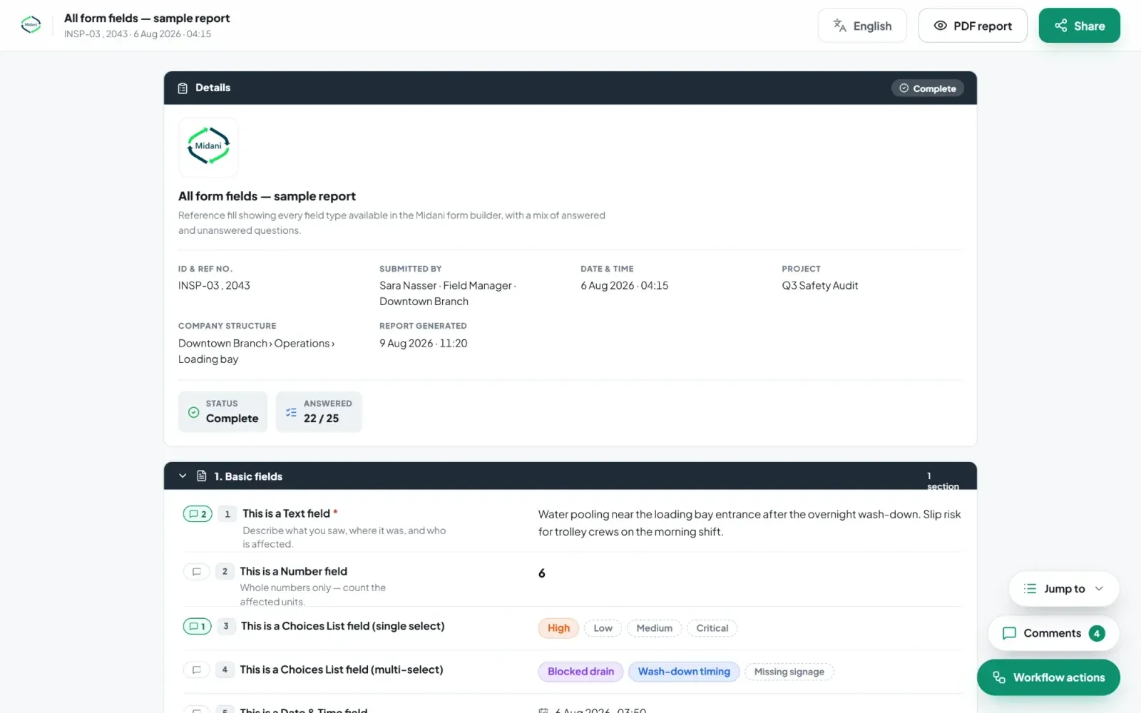A completed Midani inspection report, with its details, status and answered fields.